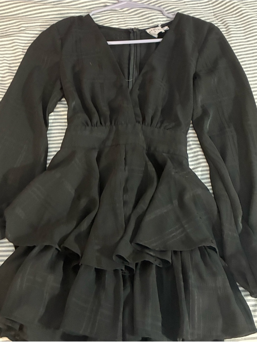 Long-Sleeve Black Tiered V-Neck Dress
